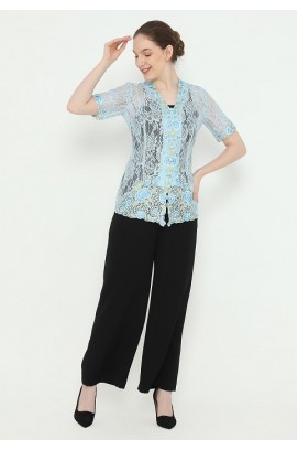 Lyne Halim Blouse Brukat Tangan Pendek Bordir Aplikasi, Biru 8388